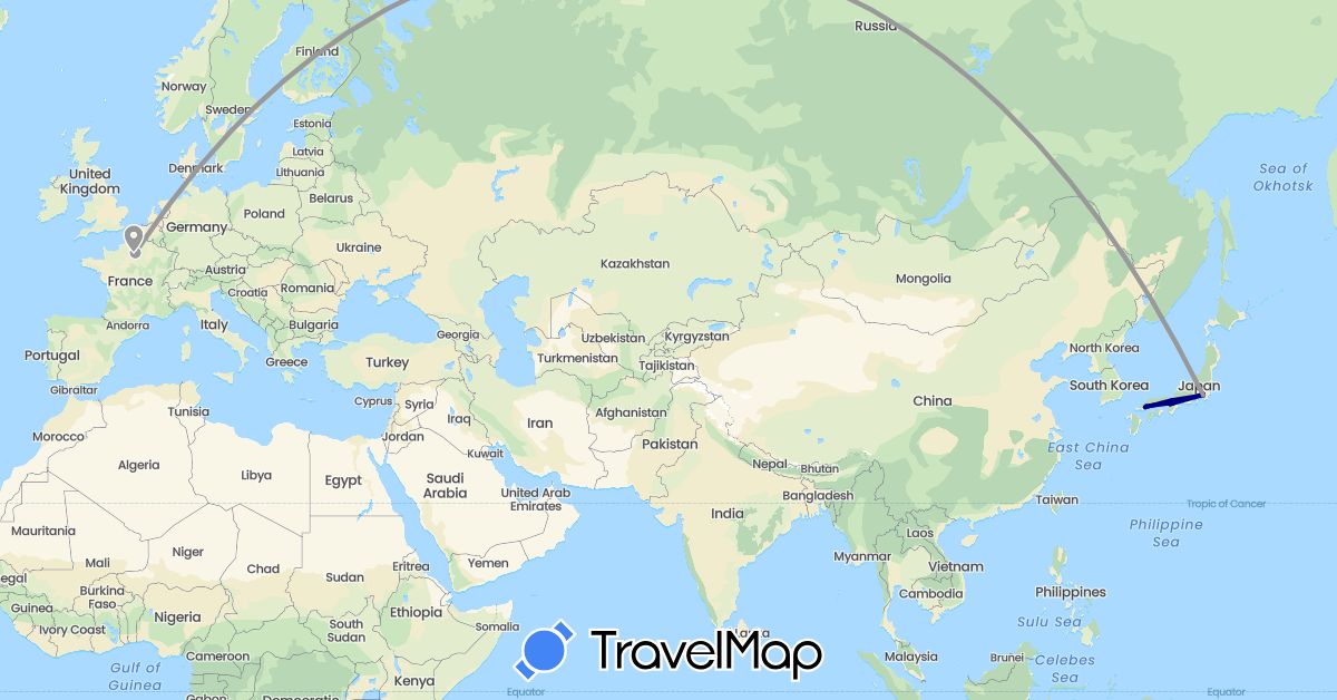 TravelMap itinerary: driving, plane in France, Japan (Asia, Europe)